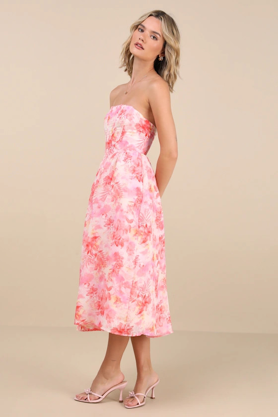Eulalia Pink Floral Lace-Up Strapless Bustier Midi Dress | Lulus