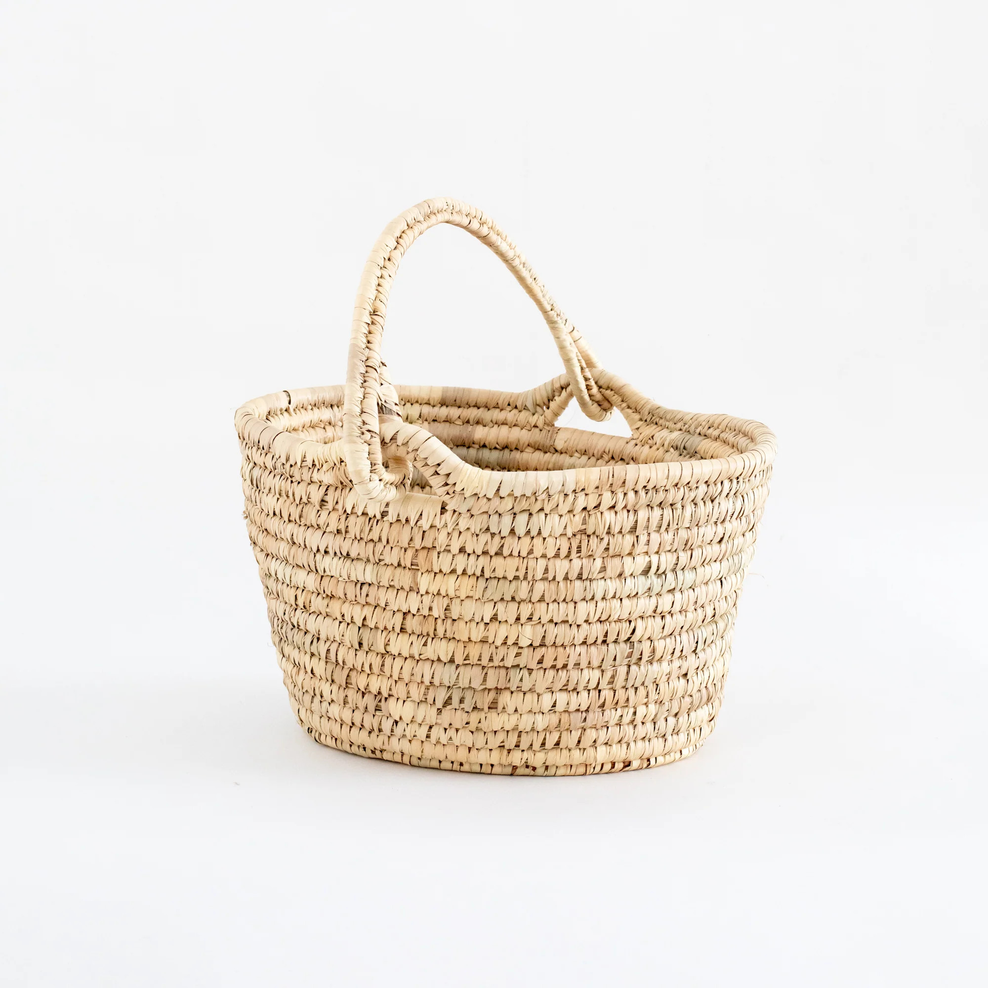 Hand-Woven Grass & Date Leaf Basket with Handle | The Vintage Rug Shop