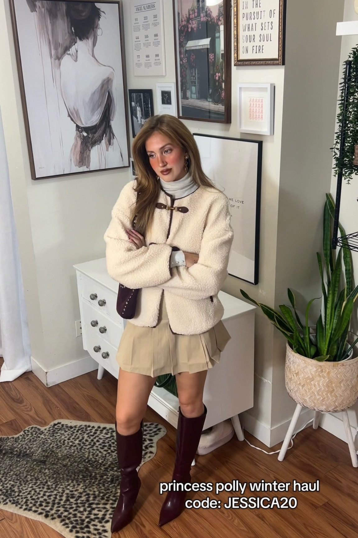 Sherpa jacket Sherpa coat purple knee high leather boots princess Polly pleated skirt mini skirt winter outfits 