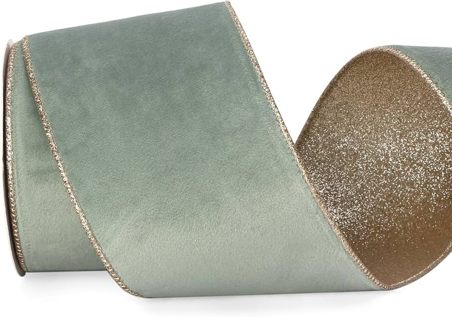 Ribbli Sage Velvet Wired Ribbon 4 Inch Sage Velvet with Champagne Glitter Christmas Ribbon for Ch... | Amazon (US)