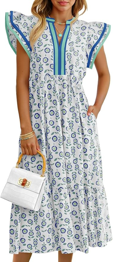 Wenrine Womens Summer Floral Midi Dresses Ruffle Cap Sleeve V Neck Flowy Boho Casual Beach Vacati... | Amazon (US)