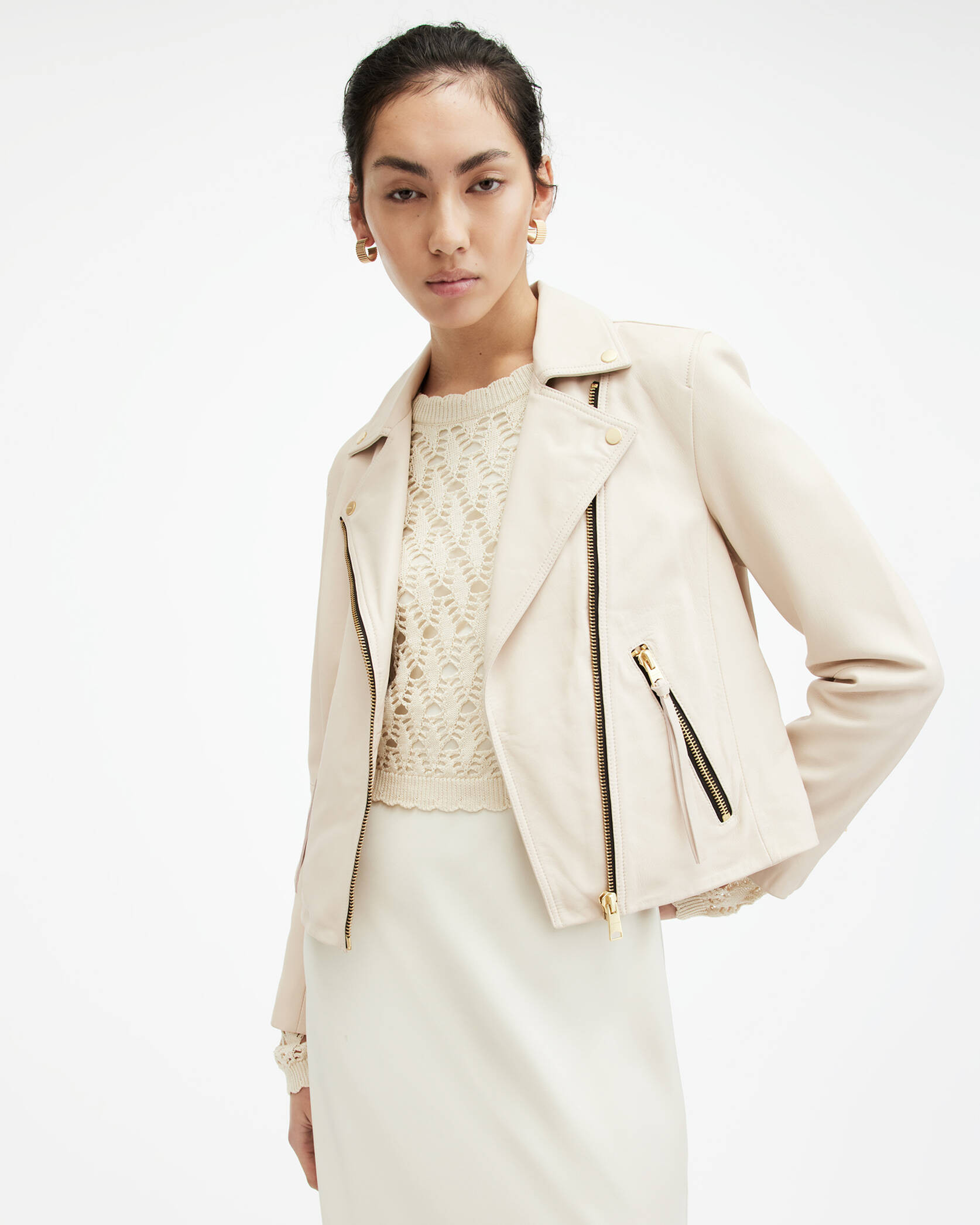 Dalby Slim Fit Leather Biker Jacket IVORY WHITE | ALLSAINTS | AllSaints UK