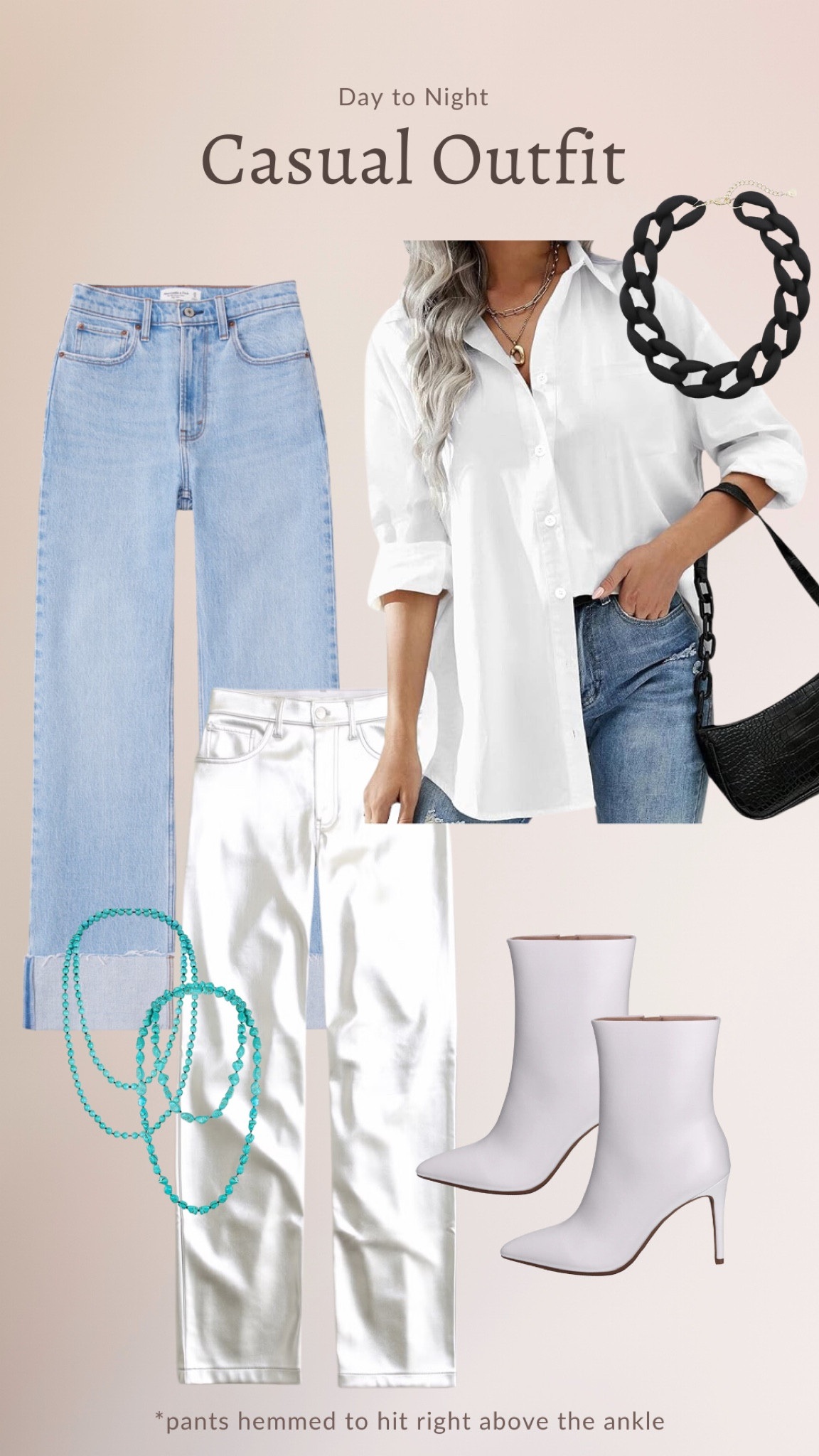 DAY TO NIGHT 

a quick change of the pants and necklace and you have an easy second outfit with the same shirt

all items tts // pants hemmed to hit just above the ankle (I’m 5’3” and ordered short lengths in both)

#LTKMostLoved #LTKfindsunder50 #LTKfindsunder100