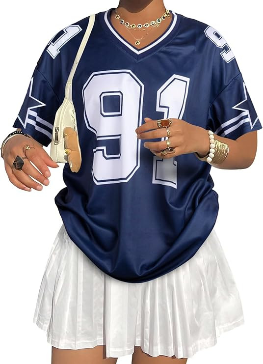 Jersey Shirts for Women Y2k Graphic Number Oversized Tees V Neck Baggy Streetwear T Shirt Summer ... | Amazon (US)