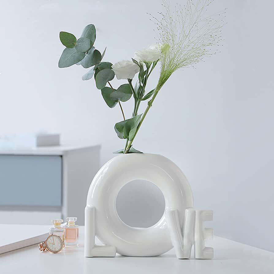 White Love Ceramic Vase for Decor Circular ​Hollow Donut Flower Vases Decorative Vase for Cente... | Amazon (US)