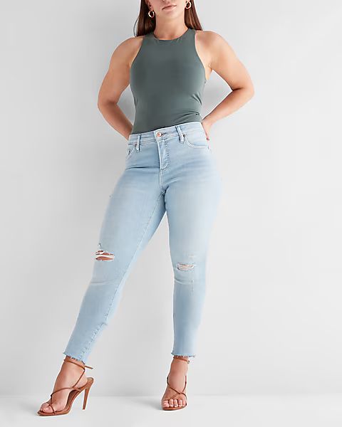 Curvy Mid Rise Light Wash Ripped Skinny Jeans | Express