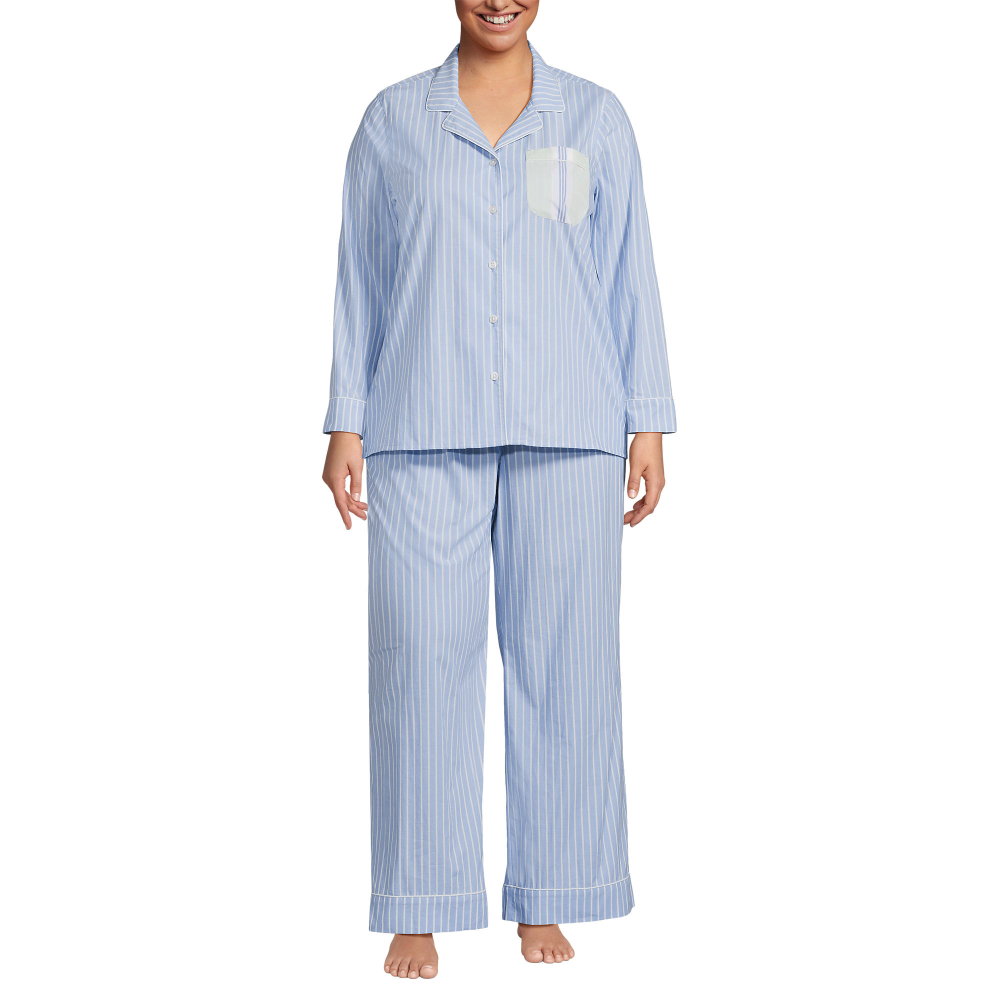 Women's Plus Size Cotton Poplin 2 Piece Pajama Set - Long Sleeve Top and Pants | Lands' End (US)
