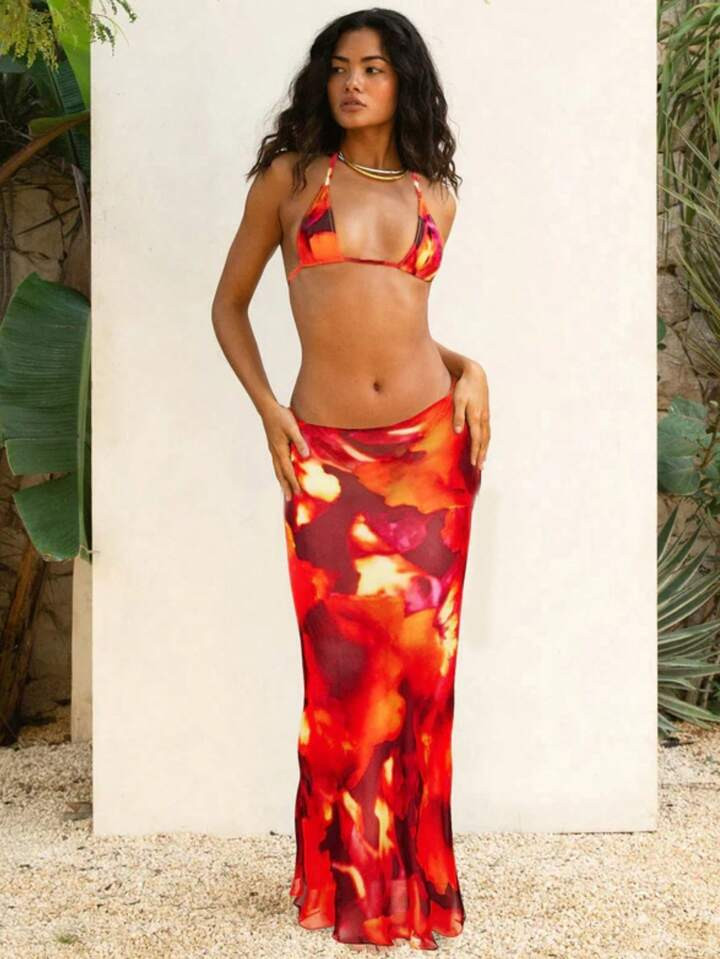 Women Printed Sexy Bikini Set Three-Piece With Straps, Sweet Beach Leisure Resort Swimsuit | SHEIN