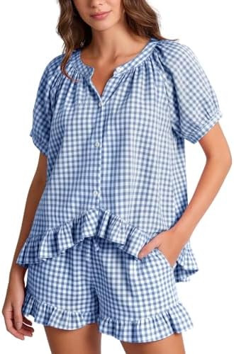 Flygo Womens Gingham Pajamas Set 2 Piece Cotton Pj Lounge Sets Puff Sleeve Ruffle Babydoll Shirt ... | Amazon (US)