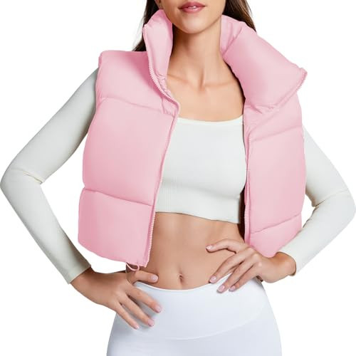 Century Star Pink Puffer Vest Women Girls - Cropped Fall Winter Outerwear Puffy 2025 Quilted Top Jacket Coat Gilet Sleeveless Zip Small | Amazon (US)