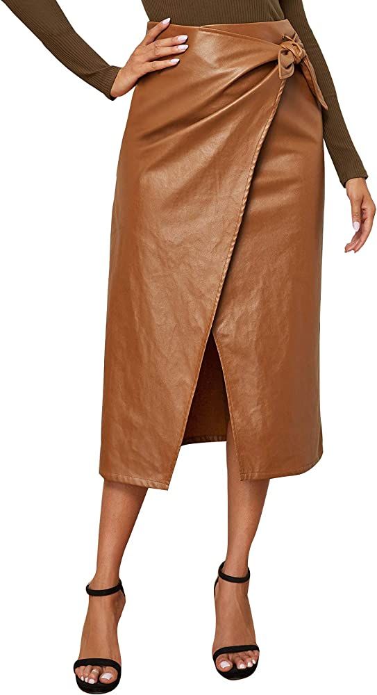 SweatyRocks Women's Elegant High Waist Knot Side Wrap PU Leather Midi Skirt | Amazon (US)