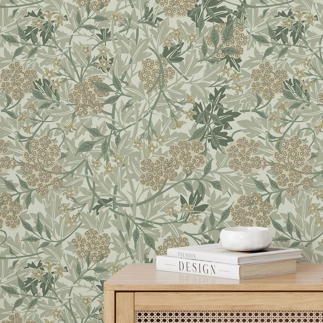 Olive Green Jasmine Flowers and Leaves William Morris Peel & - Etsy | Etsy (US)