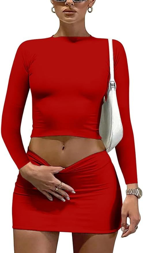 LAGSHIAN Women Sexy 2 Piece Outfits Long Sleeve Crop Top Bodycon Mini Skirt Club Suits Dress | Amazon (US)