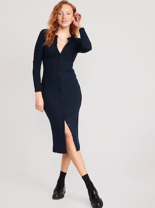 Fitted Rib-Knit Midi Button-Front Dress for Women | Old Navy (US)