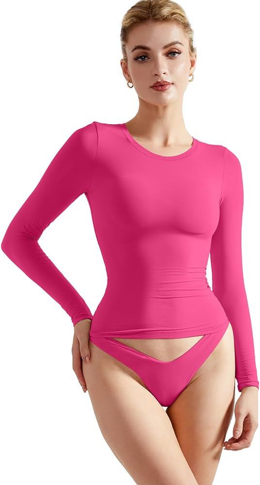 SUUKSESS Women Double Lined Fitted Basic T Shirts Crew Neck Long Sleeve Crop Top | Amazon (US)