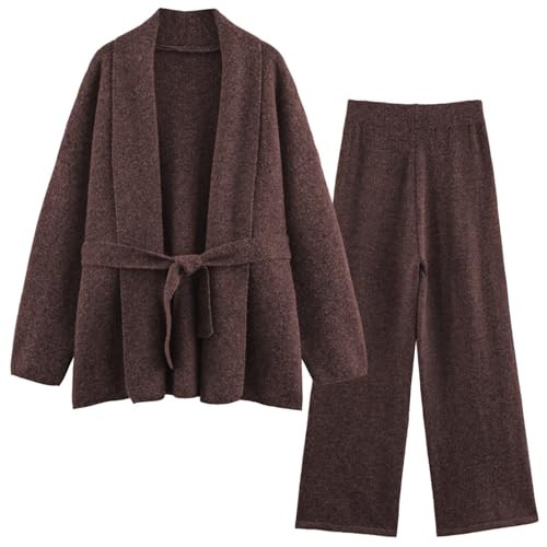 CUFEZN Brown Two Piece Outfits Knit Sweater Sets for Women Tie Front Cardigan Sweatsuits Solid Casual Matching Set Small | Amazon (US)