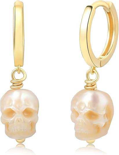 Gothic Skull Pearl Huggie Earrings - 14K Gold Plated Hand-Carved Pearls Statement Minimalist Punk... | Amazon (US)