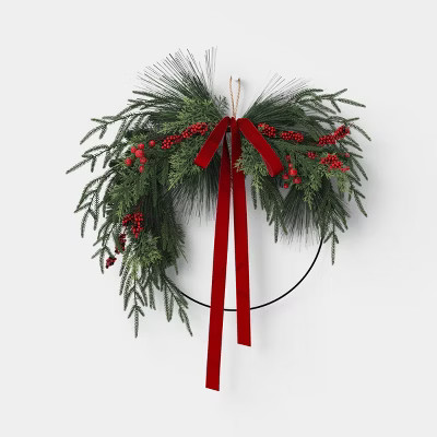 22" Unlit Asymmetrical Norfolk Cedar Mix Christmas Wreath with Velvet Ribbon - Wondershop™ | Target