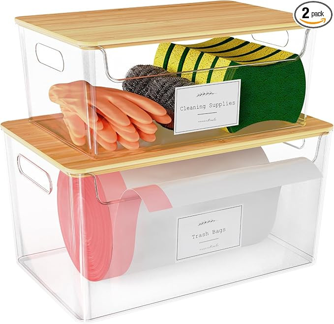 2 Pack Trash Bag Holder Under Sink Stackable, Plastic Garbage Bag Dispenser with Lid, Trash Bag S... | Amazon (US)