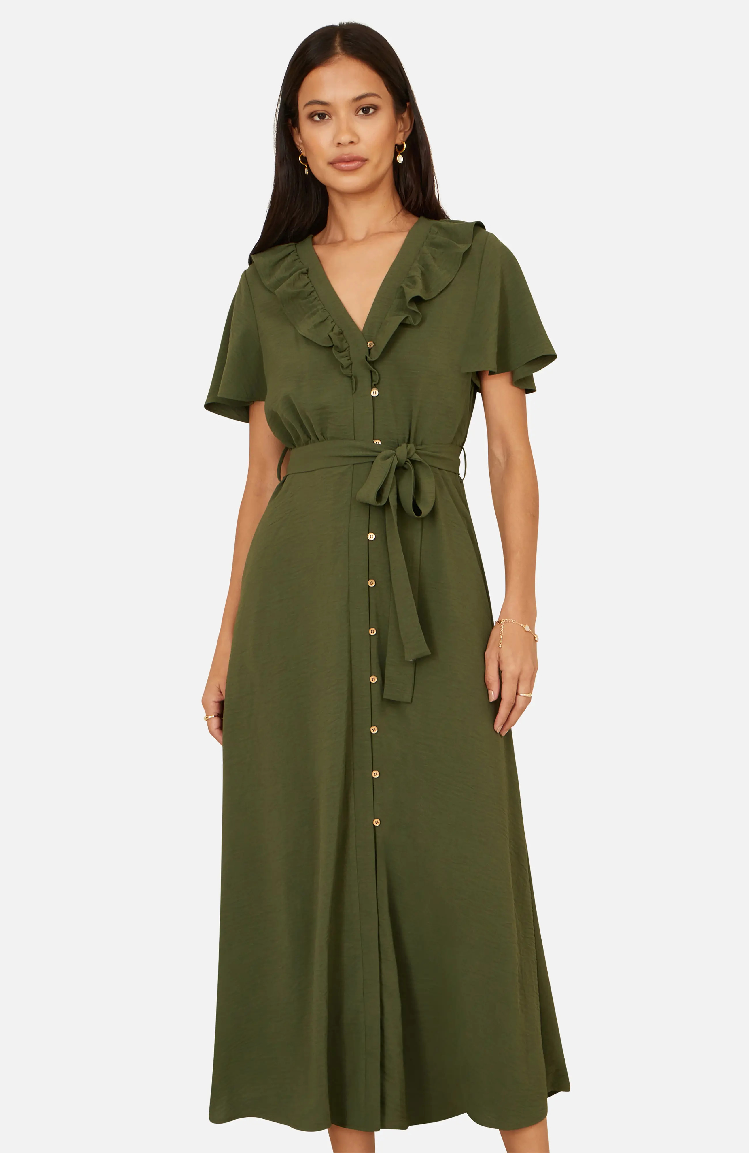Yumi Ruffle Collar Midi Shirt Dress in Green at Nordstrom, Size 6 | Nordstrom