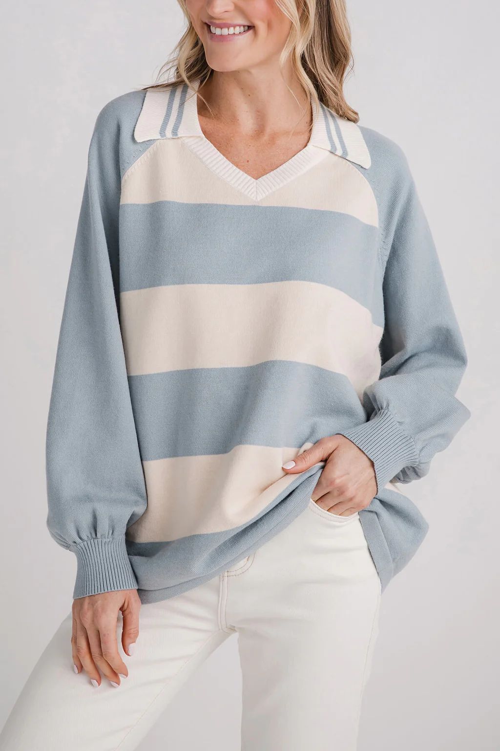 Lelis Long Sleeve V-neck Striped Over Sized Sweater | Social Threads