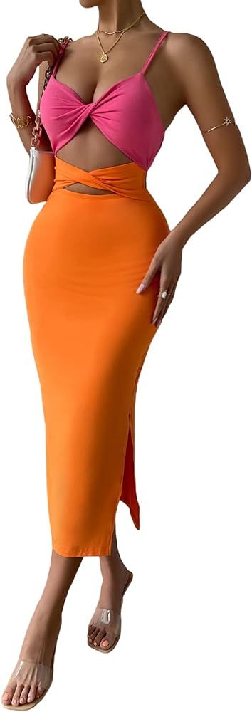 WDIRARA Women's Twist Front Split Thigh Bodycon Dress Cut Out Sleeveless Long Dresses | Amazon (US)