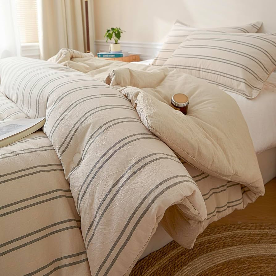 Cyusri Cotton Stripe King Comforter Set - Soft Lightweight Bedding 3 Pieces Dyed Bed Set with 2 P... | Amazon (US)