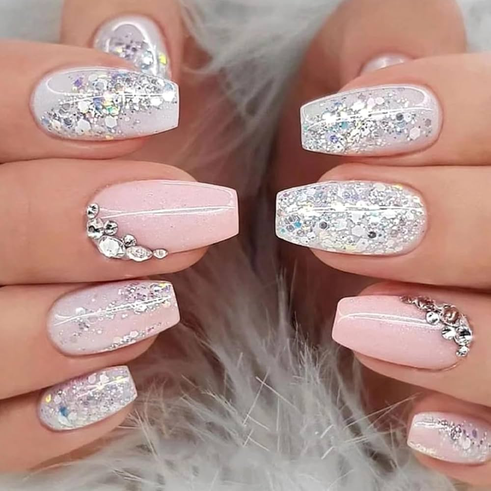 Silver Glitter Press on Nails Medium Square Fake Nails with Rhinestones Design Glossy Pink White ... | Amazon (US)