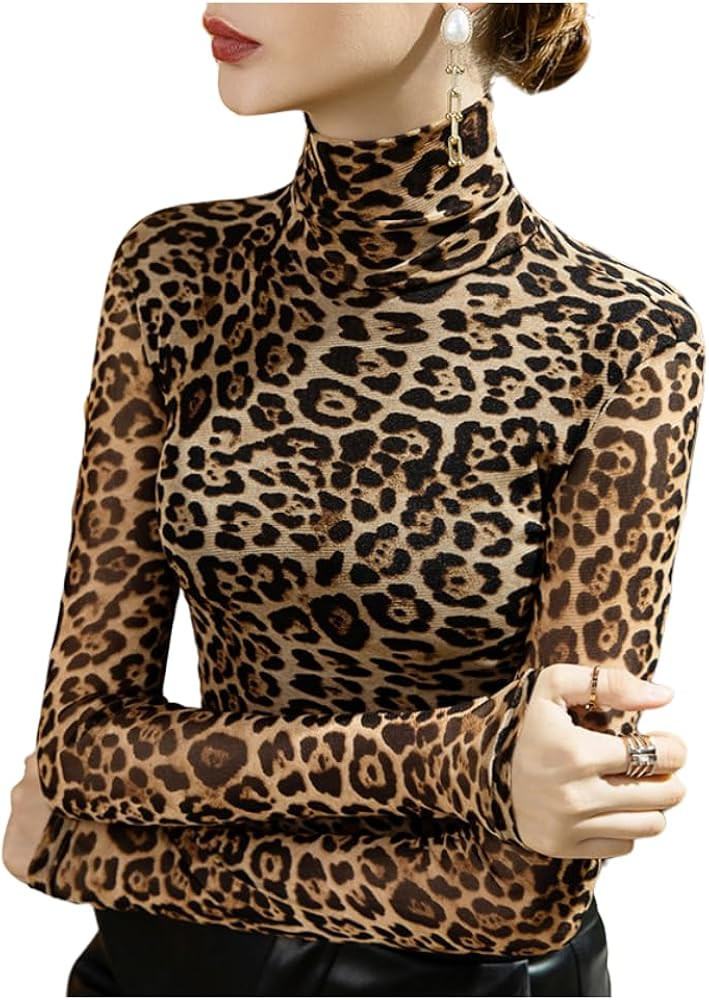 Women's Turtleneck Long-Sleeve Leopard Print Top with Slim Fit and Versatile Daily Top | Amazon (US)