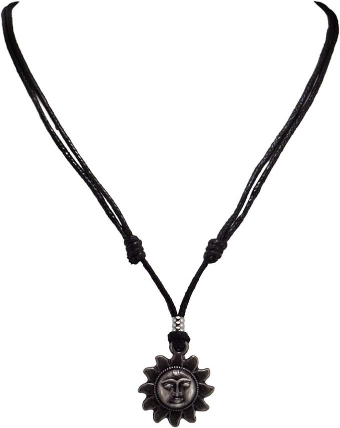 BlueRica Sun Pendant on Adjustable Black Rope Cord Necklace (Old Silver) | Amazon (US)