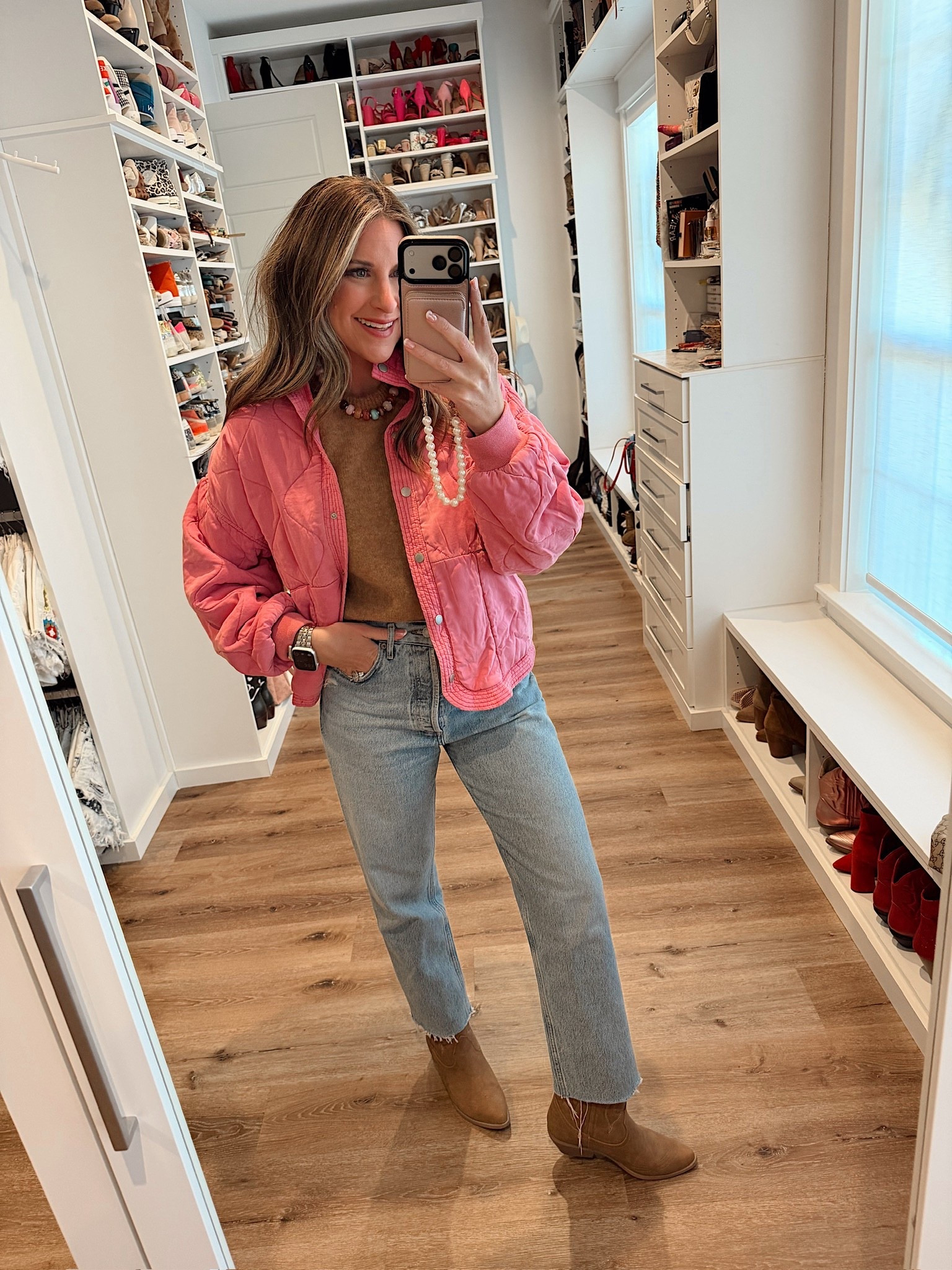 My new year ootd! Love adding a pop of color to my winter outfits! In a small sweater top, medium quilted jacket, size 6 jeans, necklace, boots and accessories - fits tts.

#LTKSeasonal #LTKFindsUnder50