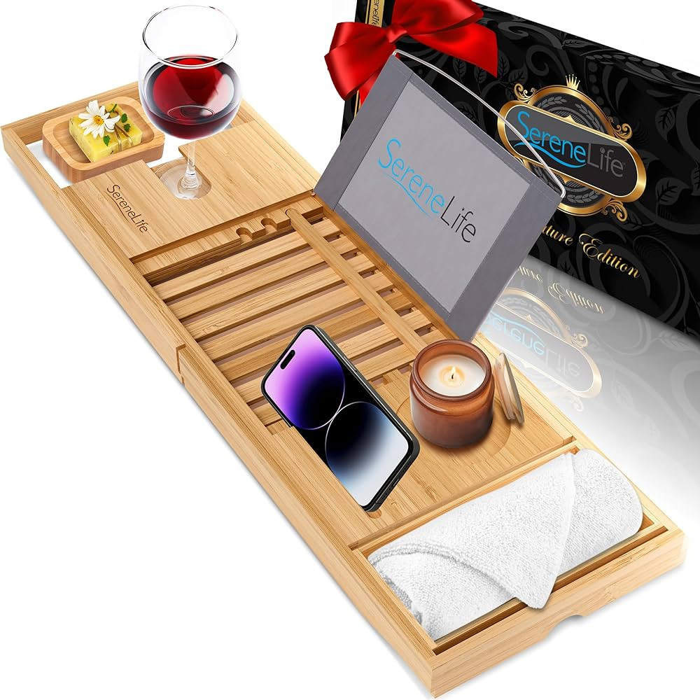 SereneLife Bamboo Bathtub Caddy with Luxury Gift Box and Red Gifting Ribbon Extendable & Adjustab... | Amazon (US)