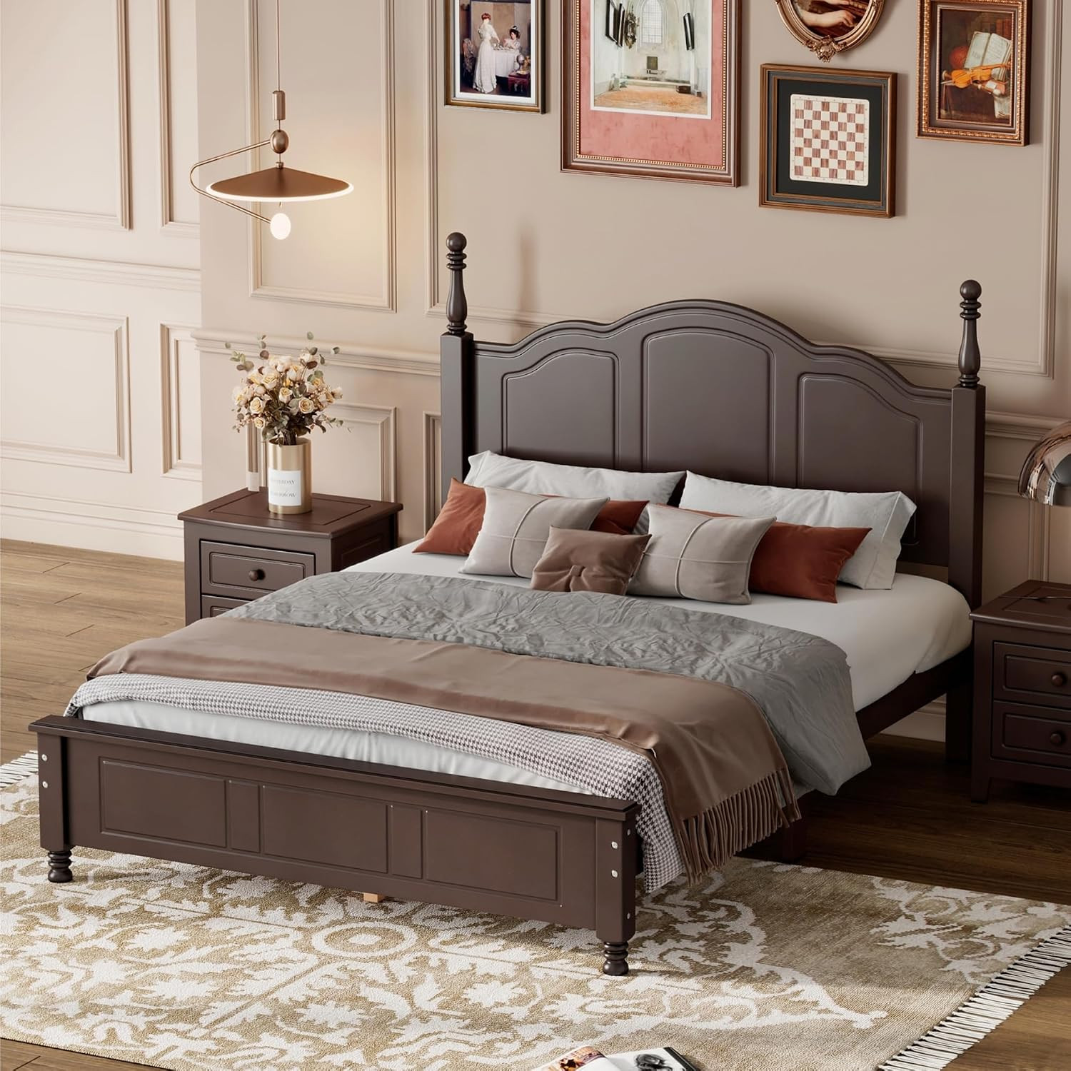 Merax Platform Bed Queen Size, Wooden Retro Style Queen Bed Frame with Headboard and Footboard, Solid Wood Mattress Foundation, Noiseless,Dark Walnut | Amazon (US)