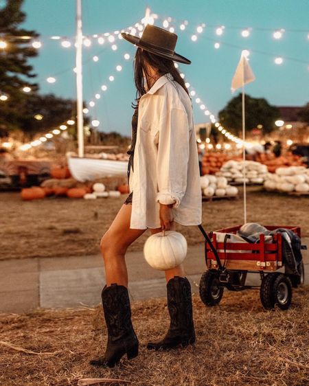 Fall outfit with husbands shirt worn as a shacket (size large) and my black western boots. Linked exact pieces here 

#LTKSeasonal #LTKxMadewell