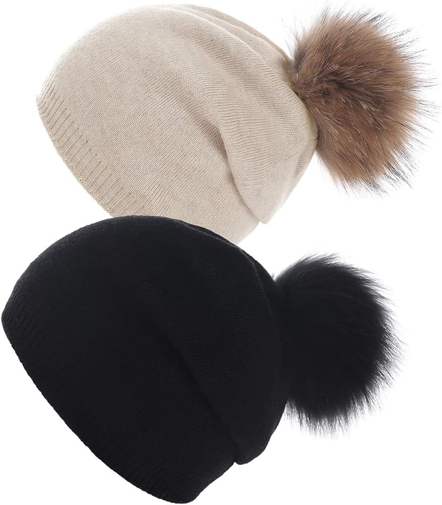 Women Knit Wool Beanie - Winter Solid Cashmere Ski Hats Real Raccoon Fur Pom Pom | Amazon (US)