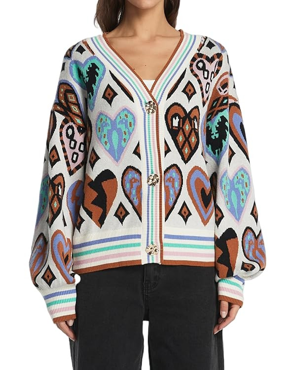 Women's Cute Sweater Cardigan Heart Print Cropped Button Open Front Cardigans V Neck Knitted Y2K ... | Amazon (US)