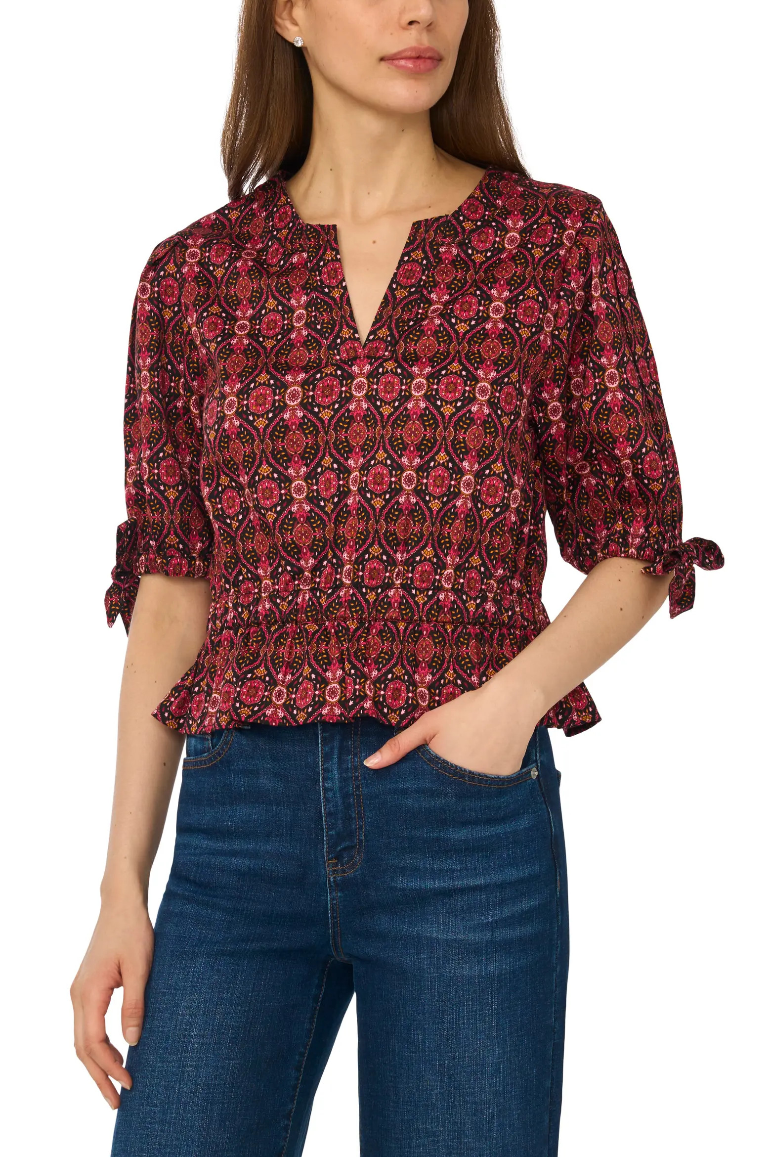 Split Neck Stretch Cotton Poplin Peplum Top (Women) | Nordstrom | Nordstrom