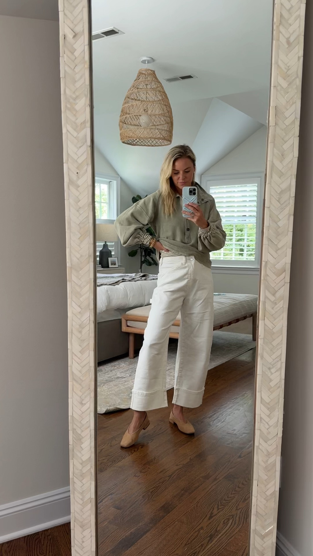 I fully support white after Labor Day! These pants are surprisingly easy to dress up and down for all the seasons and super comfy
-XS top but could have also done a small for a more oversized look 
-26R pants, tts, I’m 5’5
-ballet flats fit tts 
-small striped tee tts (also comes with a striped tank that I cut off)