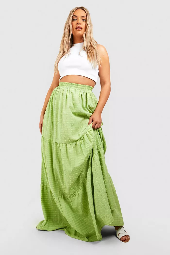 Plus Seersucker Textured Tiered Midi Skirt | boohoo (US & Canada)