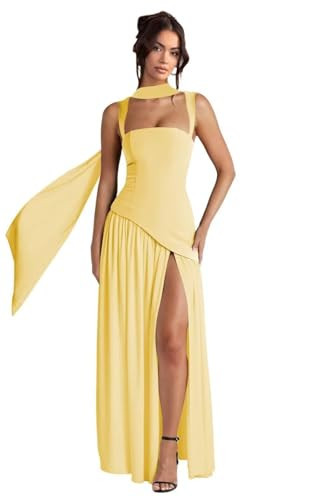 aseting Women's Yellow Bridesmaid Dress with Scarf Chiffon Long Square Neck Pleated Backless Corset Formal Dress US12 | Amazon (US)