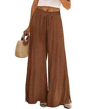YESNO Women Summer Flowy Wide Leg Pants Drawstring Elastic Waist Casual Lounge Beach Palazzo Trou... | Amazon (US)
