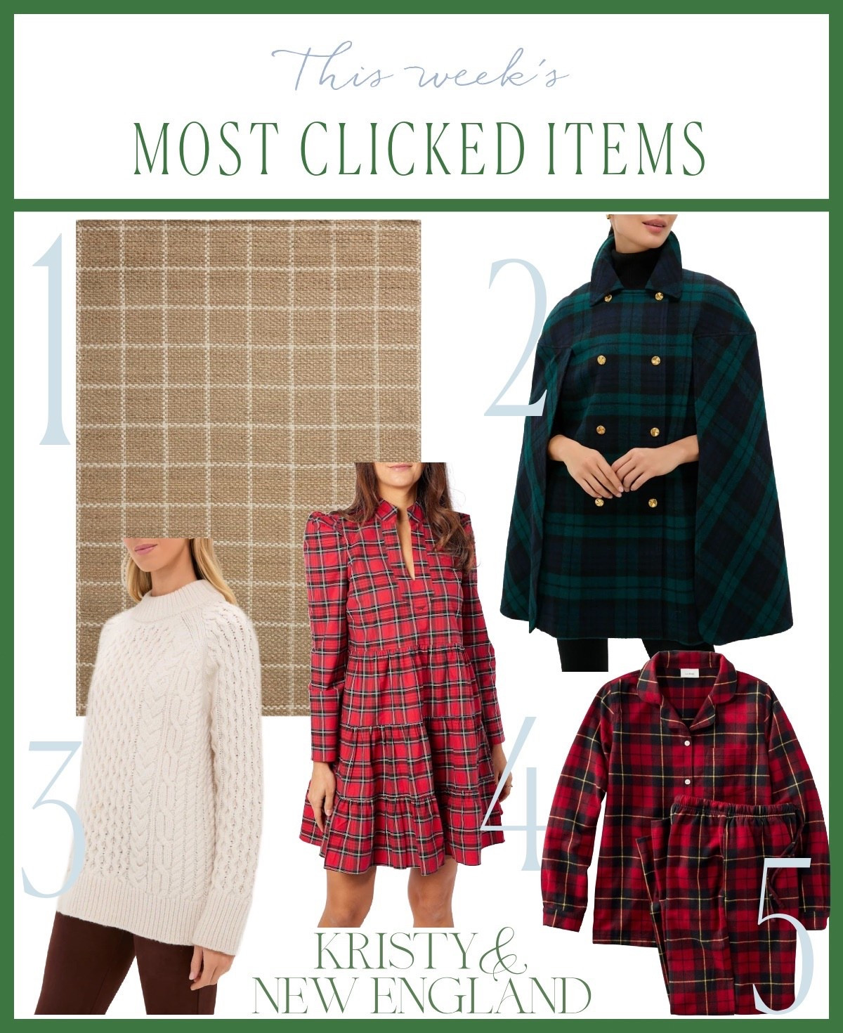 Most popular windowpane rug, Blackwatch wool cape, ivory fisherman sweater, red tartan dress, plaid flannel pajamas

#LTKGiftGuide #LTKOver40 #LTKHoliday