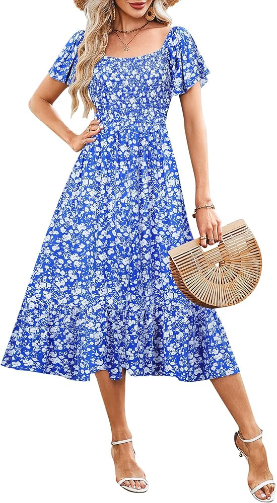AUSELILY Women's Summer Empire Waist Dress Smocked Flutter Short Sleeve Square Neck Midi Dresses ... | Amazon (US)