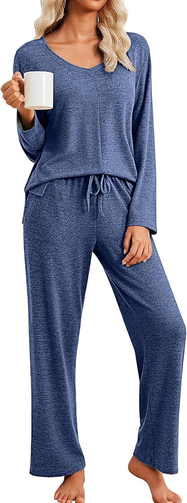 Ekouaer Pajamas for Women Set Long Sleeve 2 Piece Lounge Sets V Neck Matching Pjs Soft Sleepwear ... | Amazon (US)