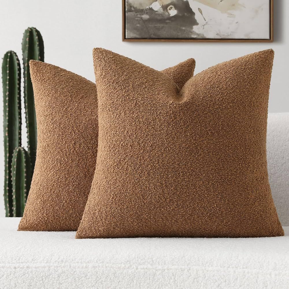 Pack of 2 Tobacco Boucle Accent Decorative Throw Pillow Covers,18x18 Inch Soft Solid Textured Cus... | Amazon (US)