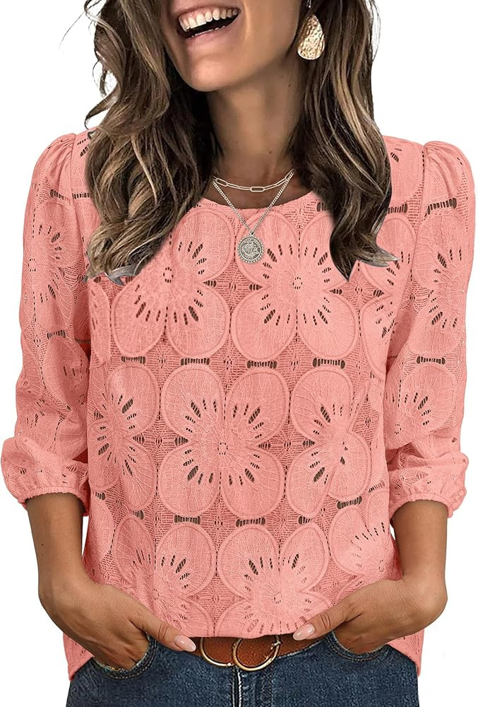 Sampeel Women Blouses Dressy Casual 3/4 Length Sleeve Tops Eyelet Lace Spring Summer Shirts Beach... | Amazon (US)