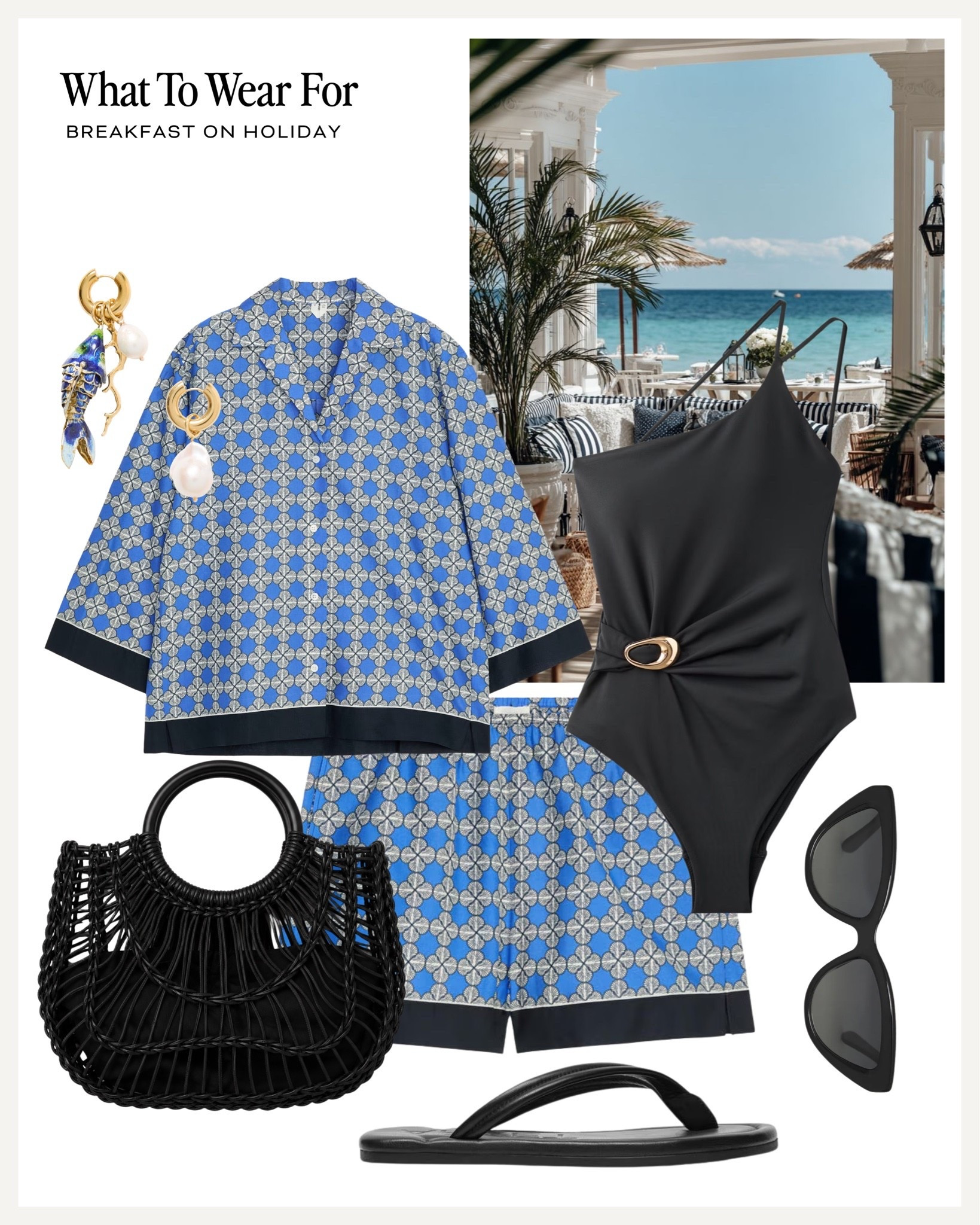 Summer holiday outfit ☀️ 

Beach outfit, blue co-ord set, straw bag, sandals, vacation look, swimwear

#LTKsummer