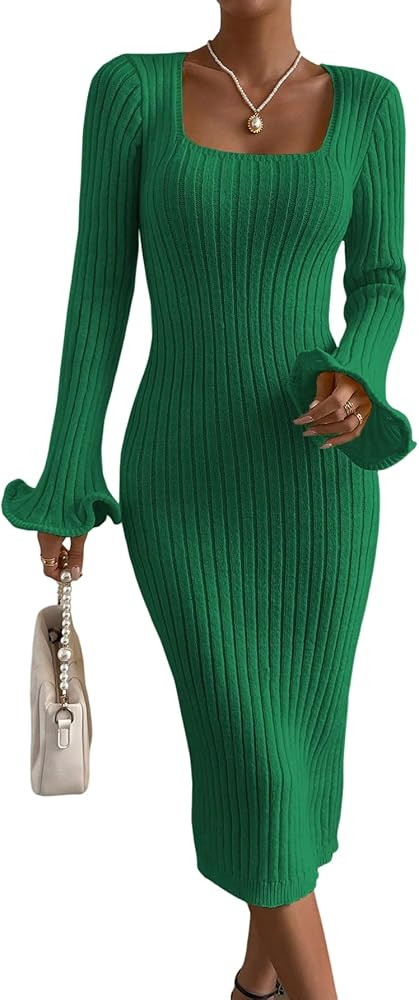 OCSTRADE Womens Square Neck Flare Sleeve Sweater Dress Fashion Bodycon Long Knit Dress | Amazon (US)