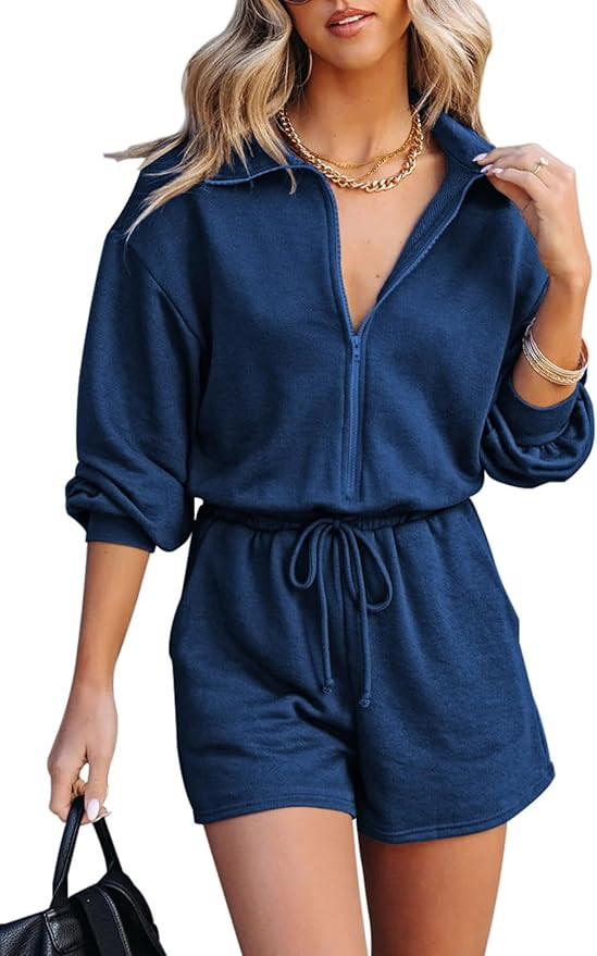 Fixmatti Women Zip up Romper Long Sleeve V Neck Drawstring Waist Casual Shorts Jumpsuit with Pock... | Amazon (US)