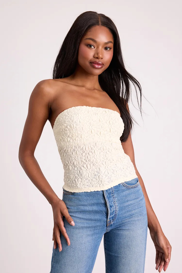 Bellona Cream Jacquard Knit Strapless Crop Top | Lulus